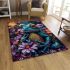 Vibrant teal frog with large eyes sits on top of colorful flowers area rugs carpet