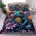 Vibrant teal frog with large eyes sits on top of colorful flowers bedding set