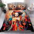 Vibrant woman in abstract city bedding set