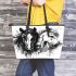 Watercolor black and white horses leather tote bag