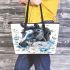 Watercolor black horse head with white rose leather tote bag