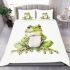 Watercolor cute and happy green frog sitting with coffee mug bedding set