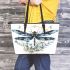 Watercolor dark blue dragonfly with gold leather tote bag