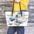 Watercolor dragonfly among flowers leather tote bag