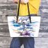 Watercolor dragonfly among flowers leather tote bag