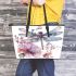 Watercolor dragonfly and pink flowers leather tote bag