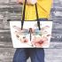 Watercolor dragonfly and pink flowers leather tote bag