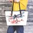 Watercolor dragonfly and pink flowers leather tote bag