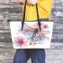 Watercolor dragonfly and pink flowers leather tote bag