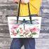 Watercolor dragonfly and pink flowers leather tote bag