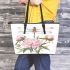 Watercolor dragonfly perched on pink peonies leather tote bag