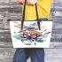 Watercolor dragonfly sitting on flower leather tote bag