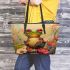 Whimsical frog with large eyes and vibrant colors leaather tote bag