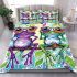 Whimsical illustration of three frogs sitting on branches with leaves bedding set