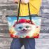 White pomeranian puppy with blue eyes leather tote bag