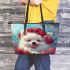 White pomeranian puppy with blue eyes leather tote bag