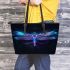 With a neon blue and purple dragonfly leather tote bag