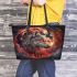 Wolves red moon and dream catcher leather tote bag