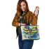 Abstract dragonfly with swirls and flowers leather tote bag