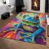 An airbrush cartoon of a blue green frog with rainbow area rugs carpet