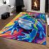 An airbrush cartoon of a blue green frog with rainbow area rugs carpet