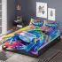 An airbrush cartoon of a blue green frog with rainbow bedding set