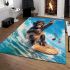 Baby monkey surfs with guitar and musical notes area rug