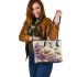bees flying to musical notes and purple leafs in the summer Leather Tote Bag