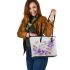 bees flying to musical notes and purple leafs in the summer Leather Tote Bag