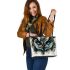 Black and white owl with turquoise highlights leather tote bag