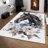 Black horse head with white rose and blue flowers area rugs carpet