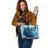 Cartoon blue owl with big eyes leather tote bag