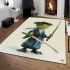 Cartoon frog character dressed as a samurai holding area rugs carpet