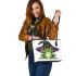 Cartoon frog wearing witch hat leaather tote bag