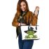 Cartoon green frog with black witch hat leaather tote bag