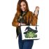 Cartoon green frog with black witch hat leaather tote bag