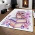 Cartoon owl with big eyes sitting on books surrounded by pink roses area rugs carpet