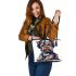 Cartoon yorkshire terrier dog wearing headphones leather tote bag