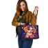 Colorful cute cartoon dog with bow leather tote bag