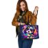 Colorful cute cartoon dog with bow leather tote bag