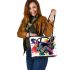 Colorful cute french bulldog with headphones leather tote bag