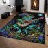 Colorful green frog playing banjo under mushroom area rugs carpet