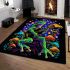 Colorful green frog playing banjo under mushroom area rugs carpet