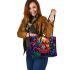 Colorful owls sitting the forest under glowing moonlight leather tote bag