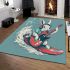 Cool rabbit surfing with electric guitar and headphones area rug