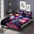 Curious cat in retro arcade room bedding set