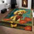 Curious dog by the window with flowers area rugs carpet