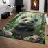 Cute baby panda is eating bamboo leaves in the forest area rugs carpet