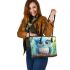 Cute blue owl with big eyes cartoon style leather tote bag