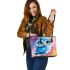 Cute blue owl with big eyes cartoon style leather tote bag